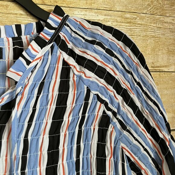 A.N.A. Blue & Black Striped Smocked Neck Blouse - Size Small - 3/4 Length Sleeve - Picture 2 of 5
